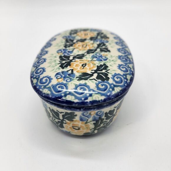 Polish Pottery Unikat Oval Lidded Trinket Box Floral Hand Painted Boleslawiec - Picture 4 of 12